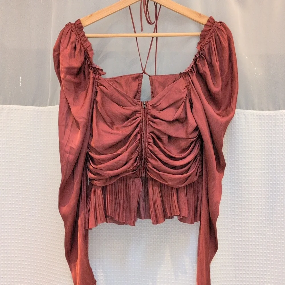 ULLA JOHNSON Mirelle Tie Halter Peplum Blouse Desert Rose Long Sleeve Size 8